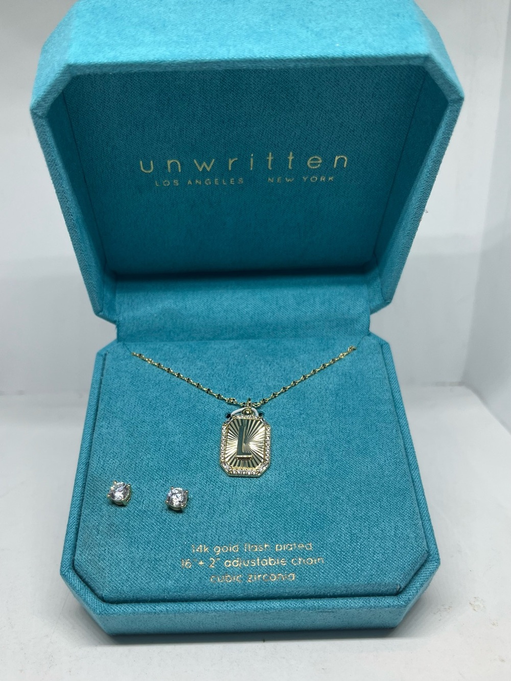 Unwritten Gold L Monogram Pendant Necklace with Sparkling Studs